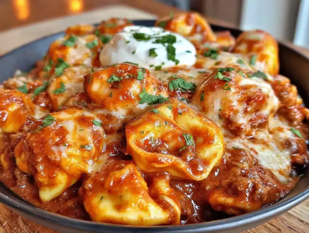 cheesy beef enchilada tortellini bake - featured image