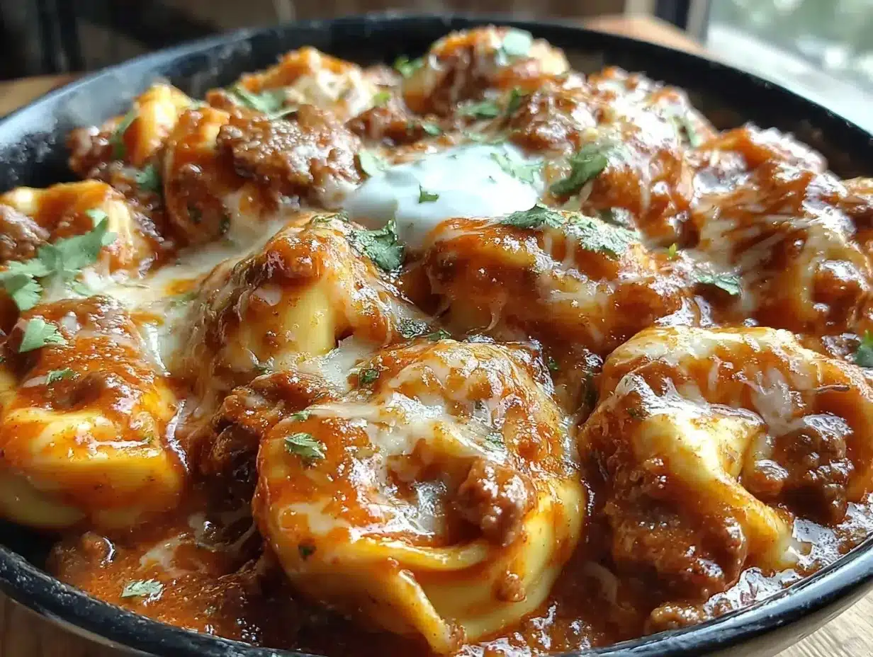 cheesy beef enchilada tortellini bake preparation steps