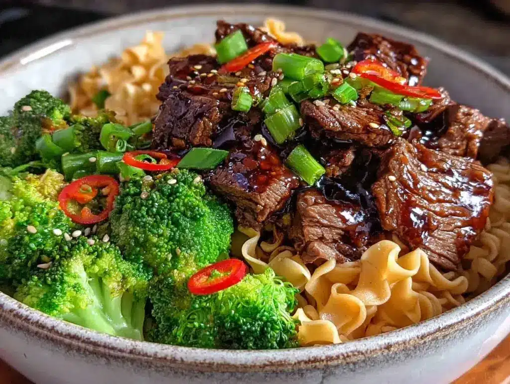 beef and broccoli noodle bowls - featured image