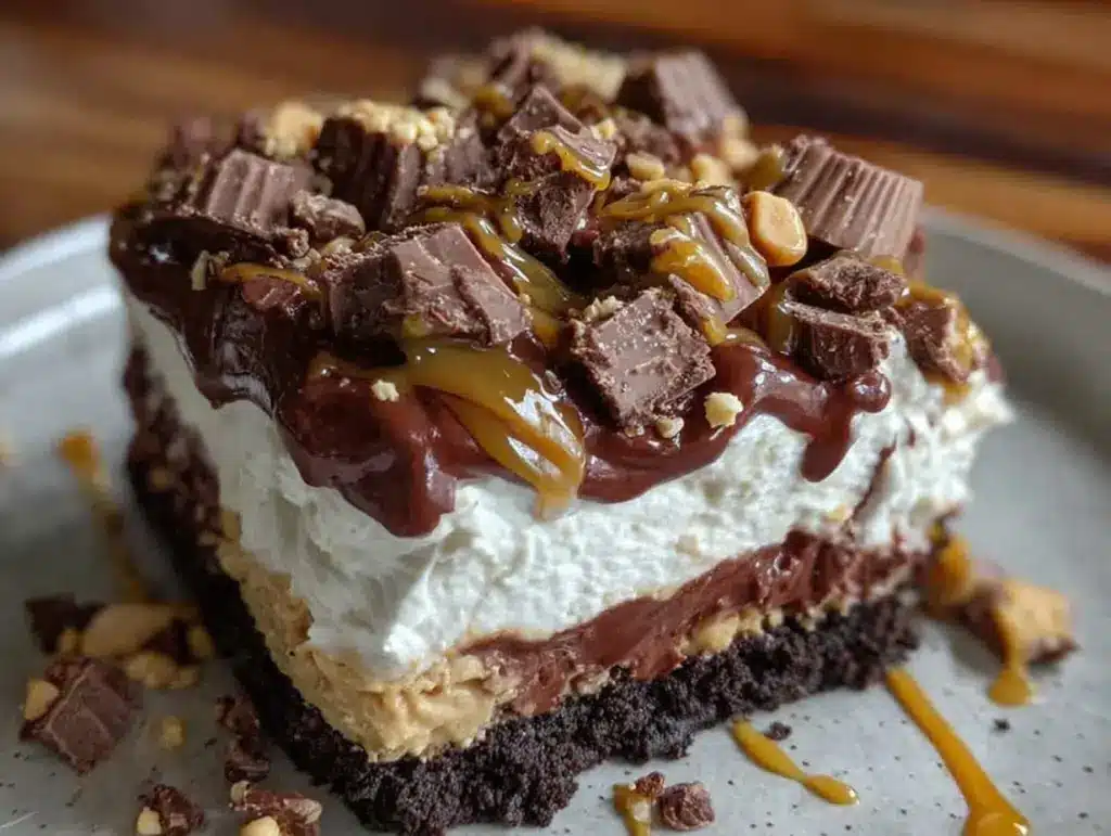 creamy peanut butter chocolate lasagna - featured image