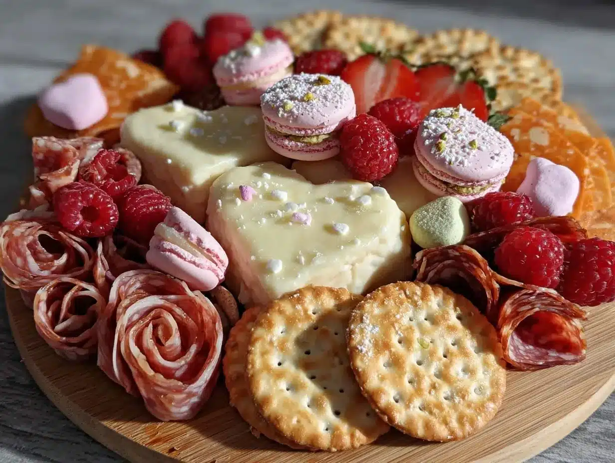 Galentine pink heart charcuterie board preparation steps
