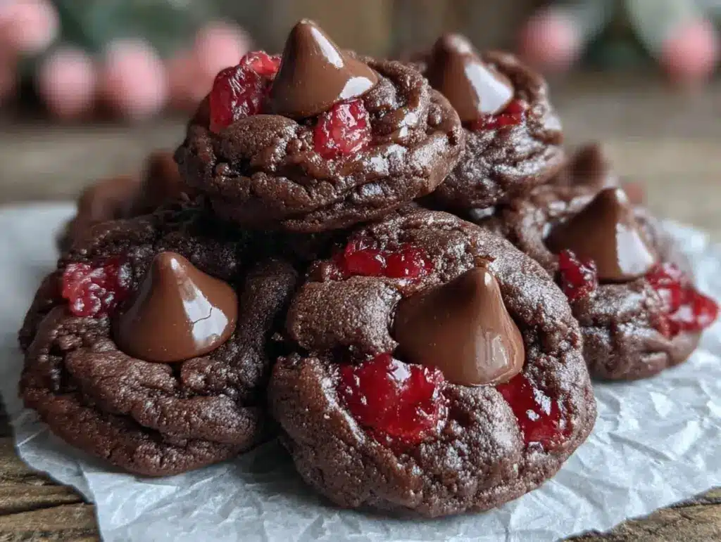 cherry chocolate kiss cookies - featured image