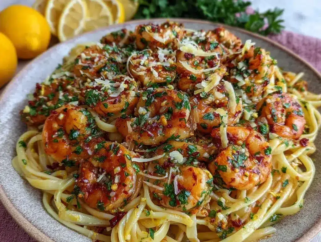 creamy lemon garlic butter shrimp pasta - featured image