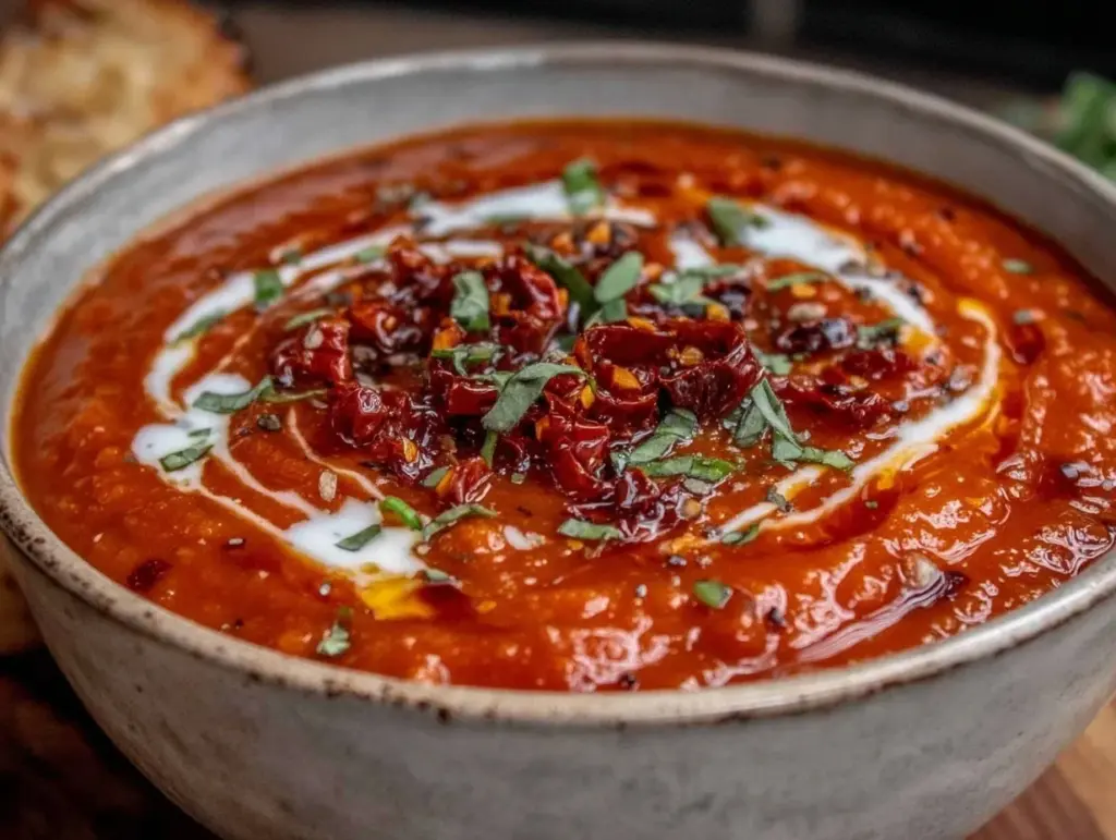 creamy roasted red pepper tomato soup - featured image