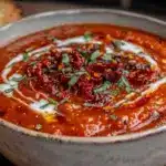 creamy roasted red pepper tomato soup - featured image