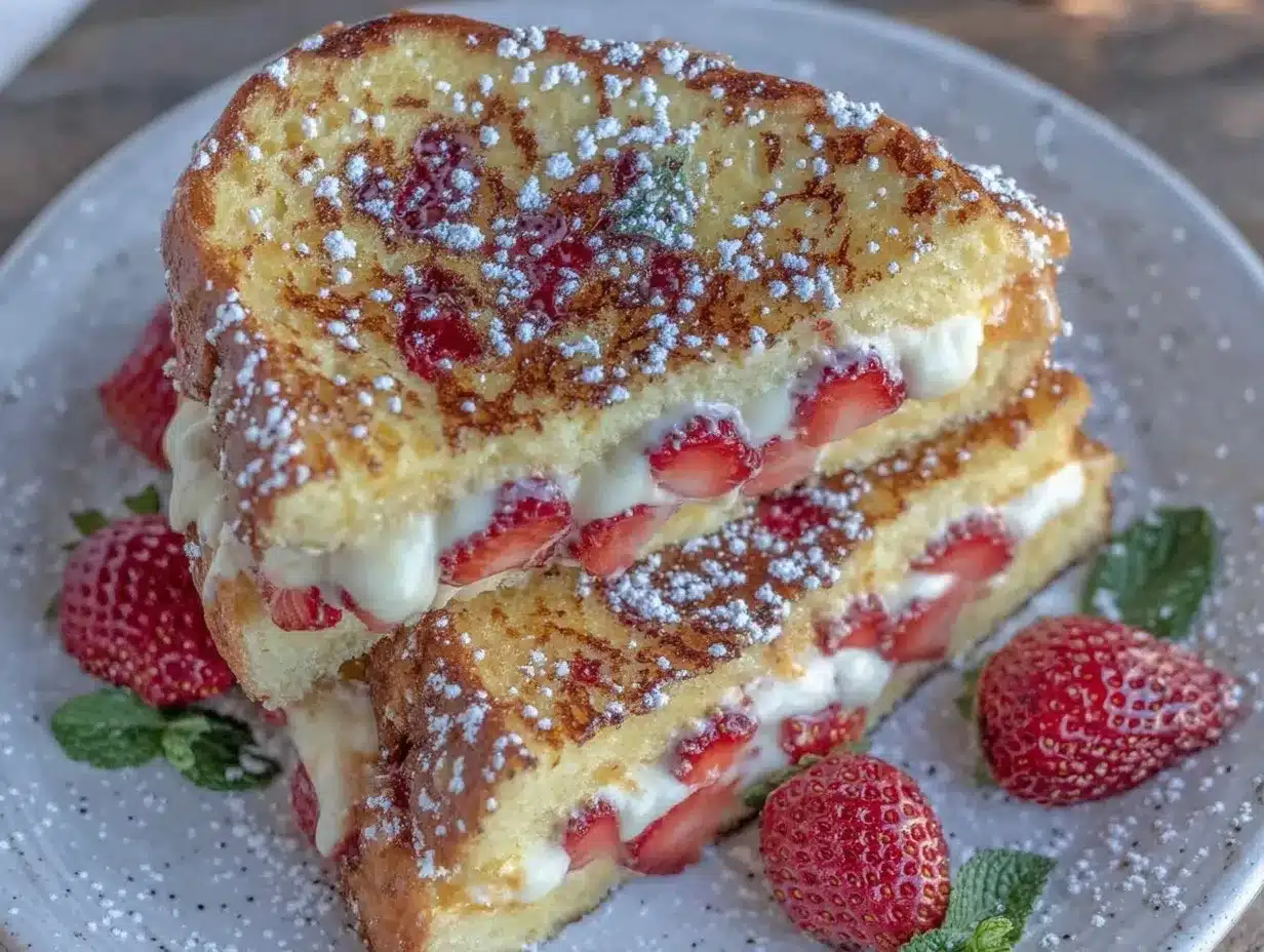 creamy strawberry cream cheese stuffed french toast preparation steps