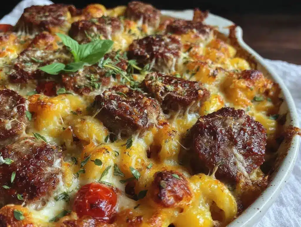 crispy italian sausage pasta bake - featured image