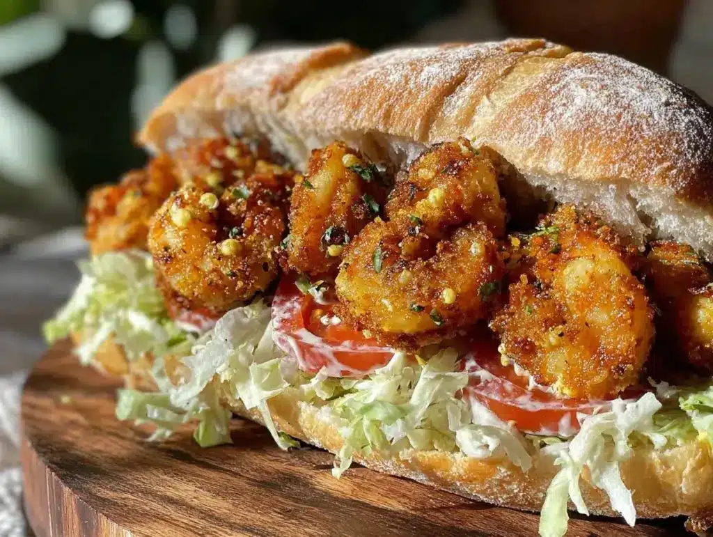 crispy po boy sandwich with fried shrimp - featured image
