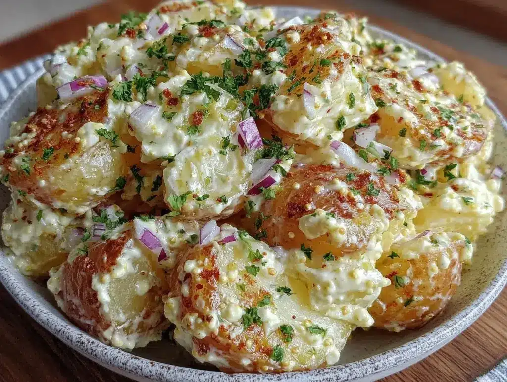 creamy classic potato salad with mustard - featured image