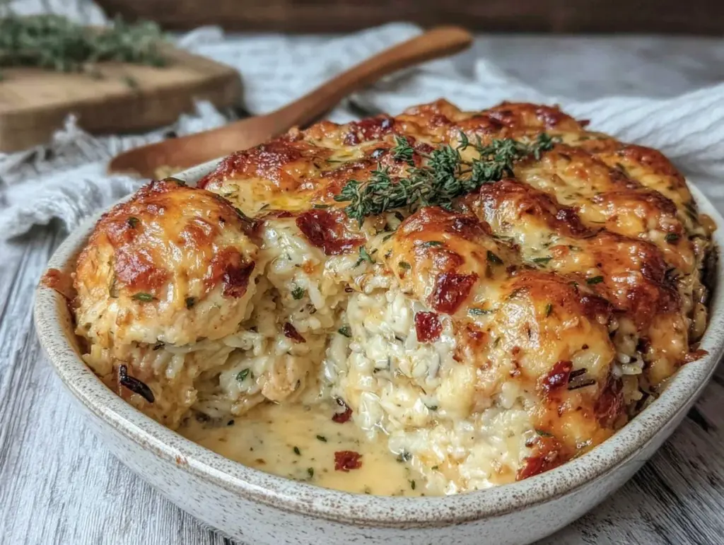 creamy comfort chicken and wild rice bake - featured image