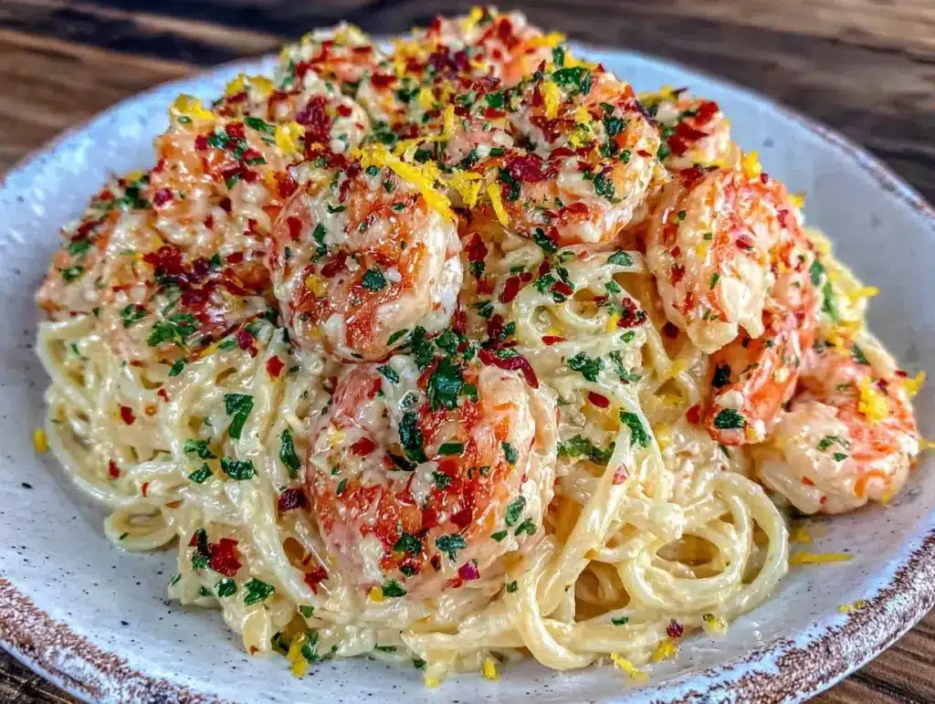 creamy lemon garlic shrimp linguine - featured image