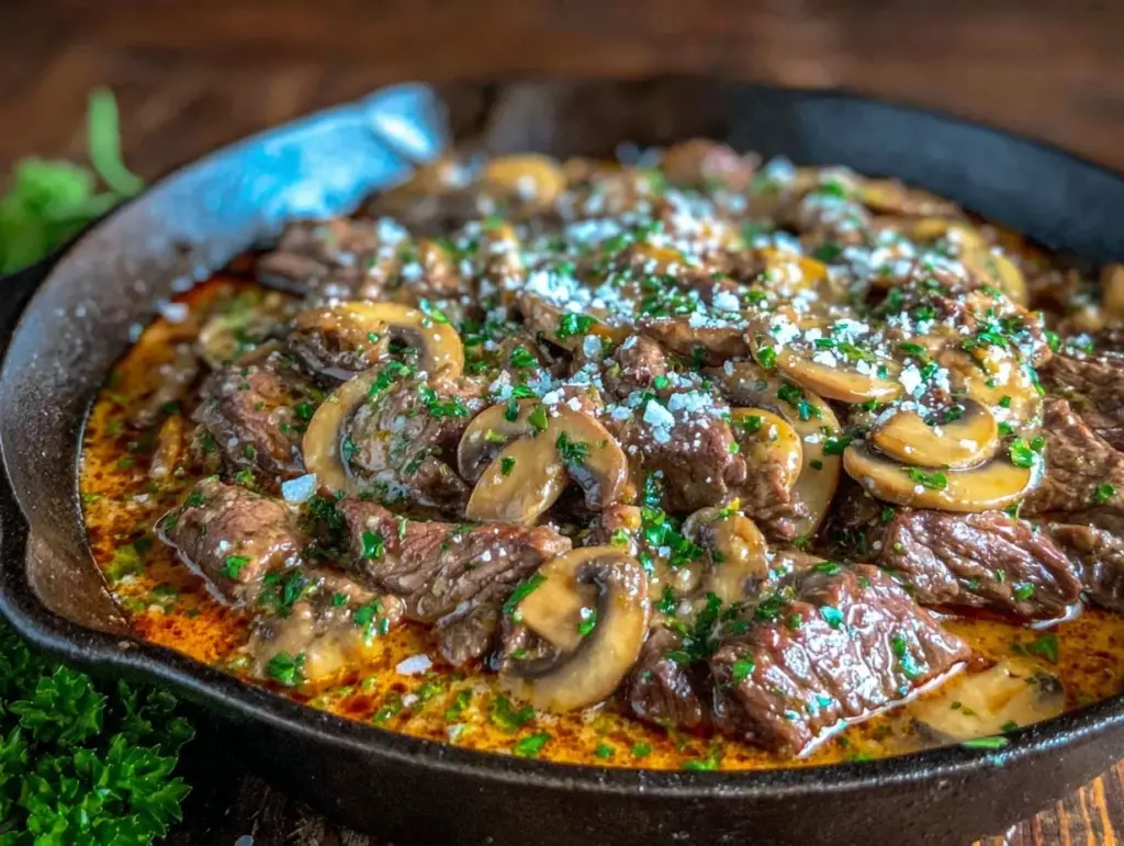 creamy one-pan beef stroganoff skillet - featured image