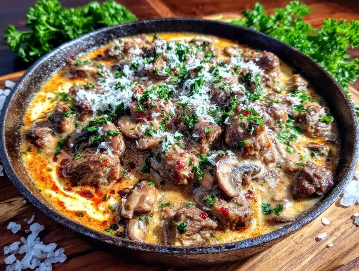 creamy one-pan beef stroganoff skillet preparation steps