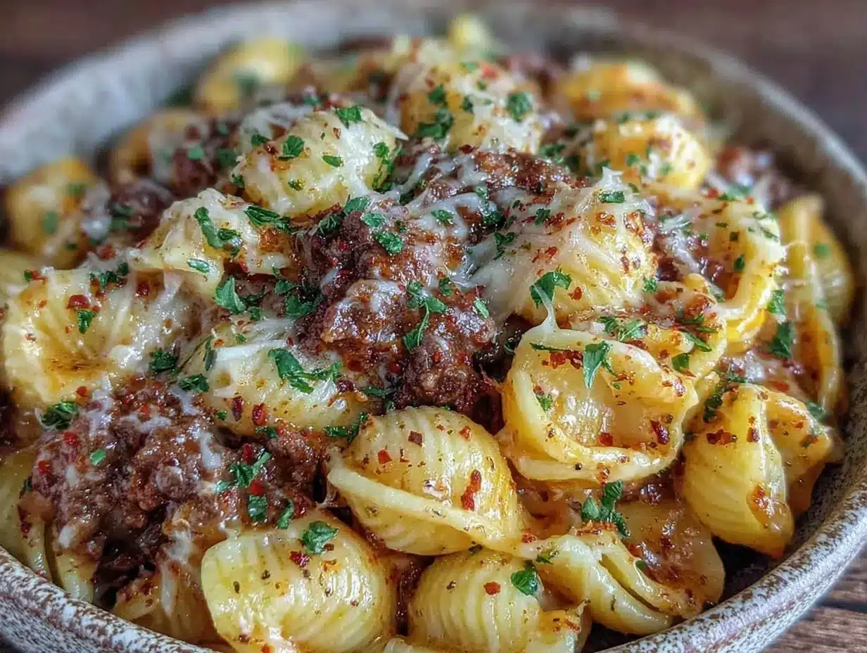 creamy one-pot beef and shells preparation steps