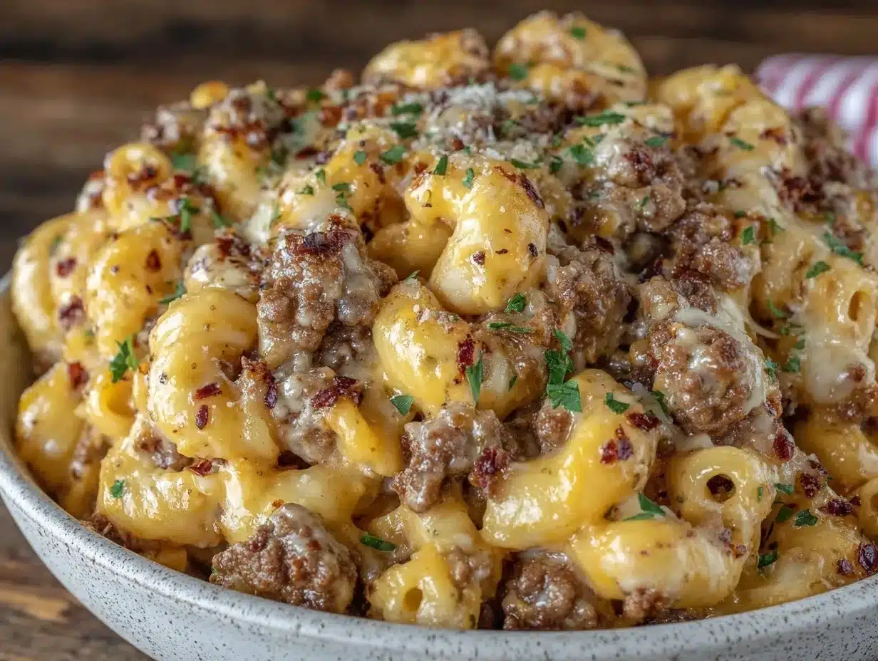 creamy one-pot beefy mac and cheese preparation steps