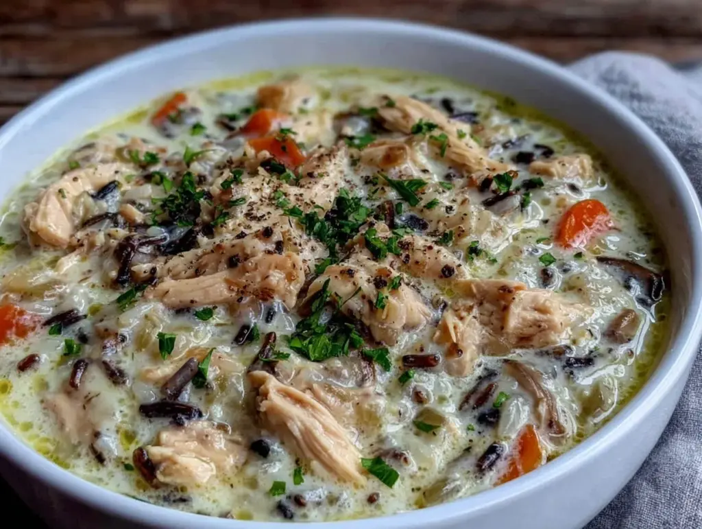 creamy slow cooker chicken wild rice soup - featured image