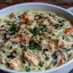 creamy slow cooker chicken wild rice soup - featured image