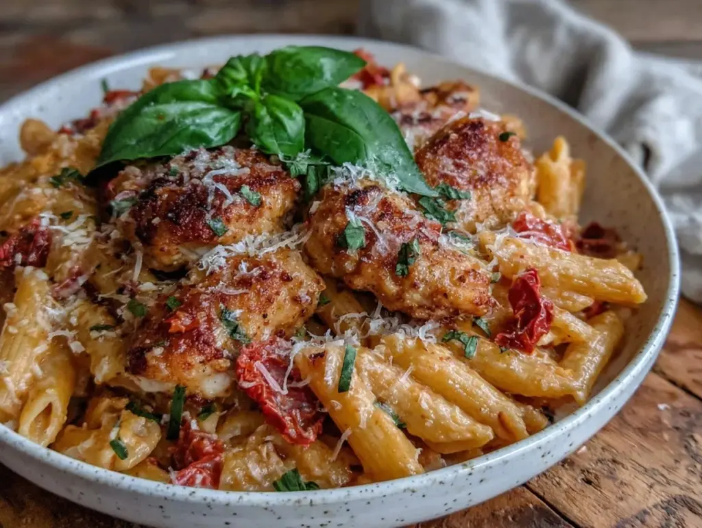 creamy sun-dried tomato chicken penne - featured image