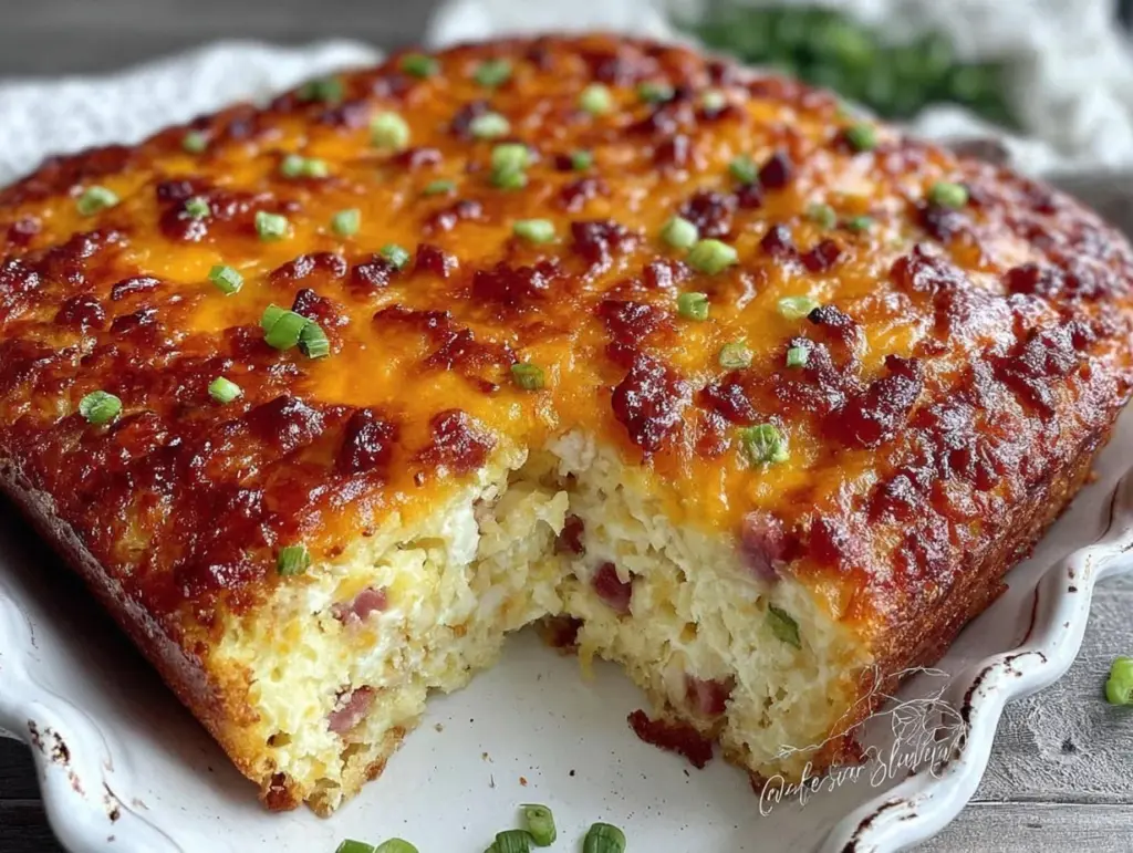 crispy cheesy hash brown breakfast casserole - featured image