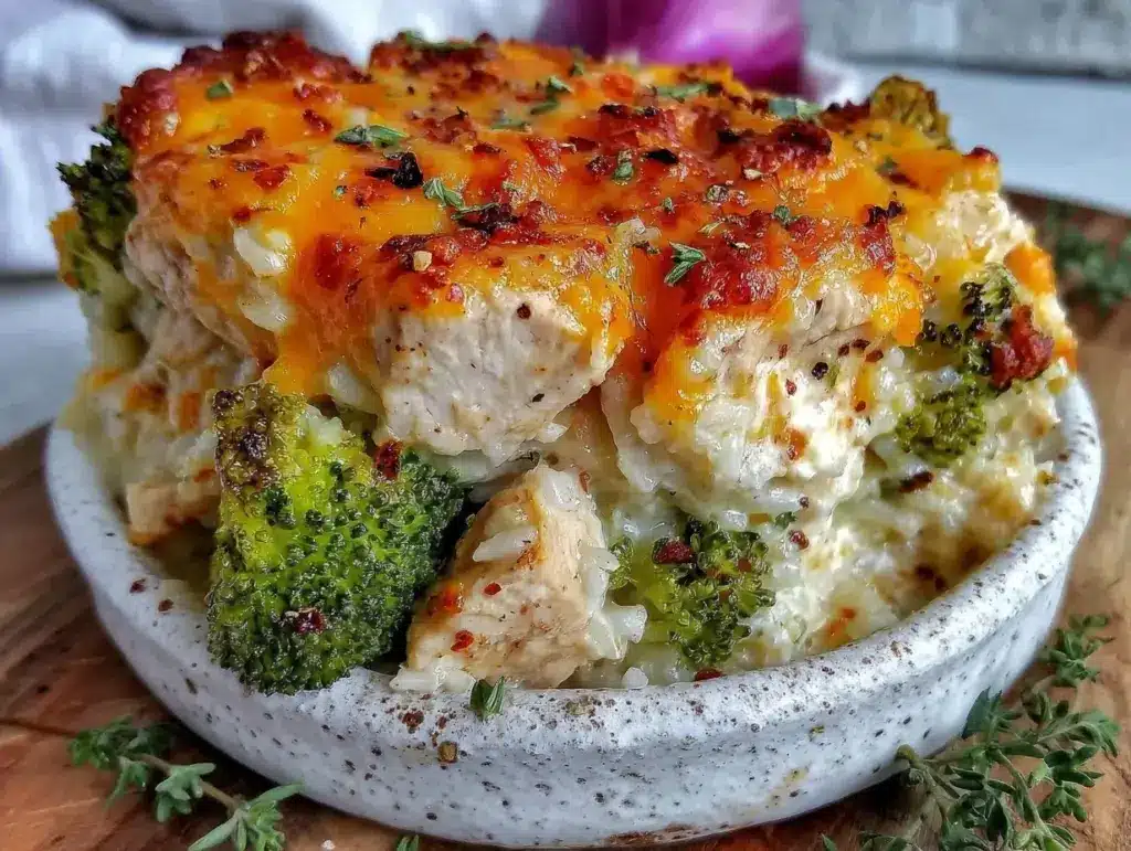 easy cheesy chicken broccoli rice casserole - featured image