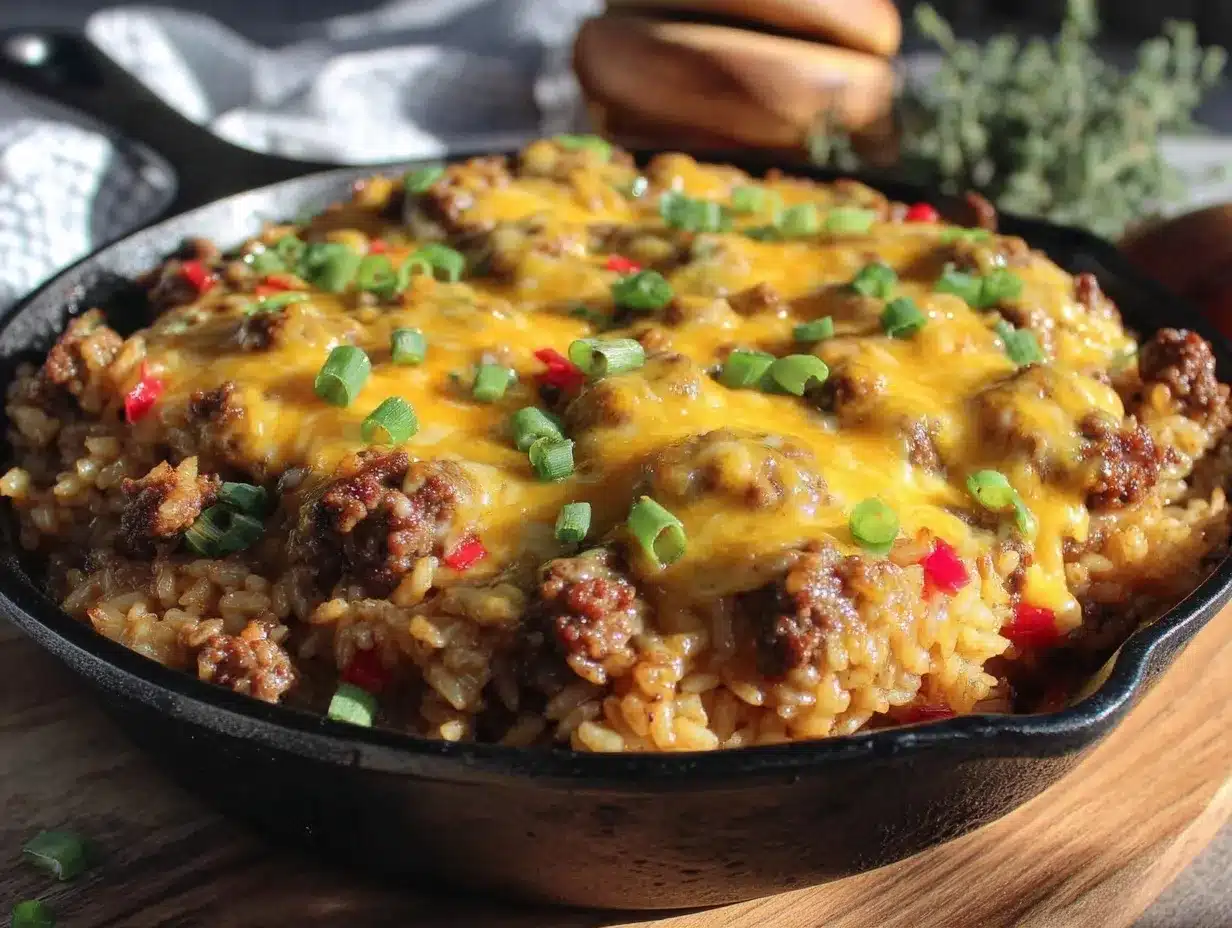 easy cheesy one-pan beef and rice skillet preparation steps