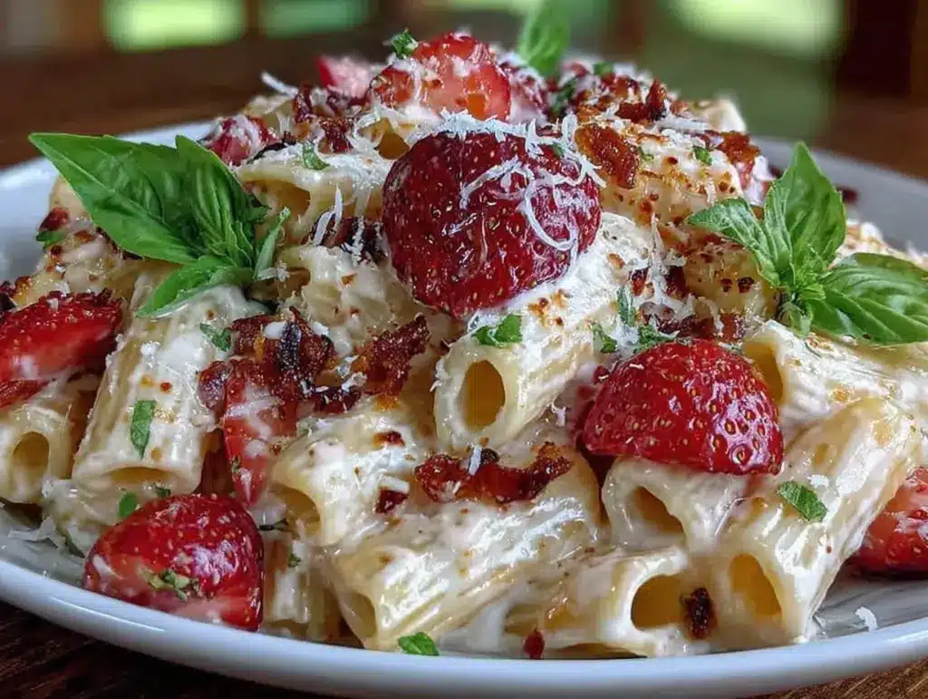 pink strawberry penne alfredo - featured image