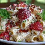 pink strawberry penne alfredo - featured image