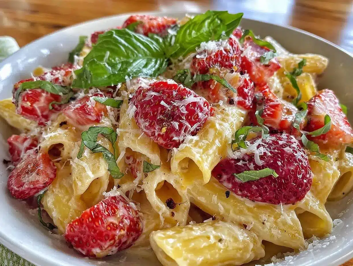 pink strawberry penne alfredo preparation steps