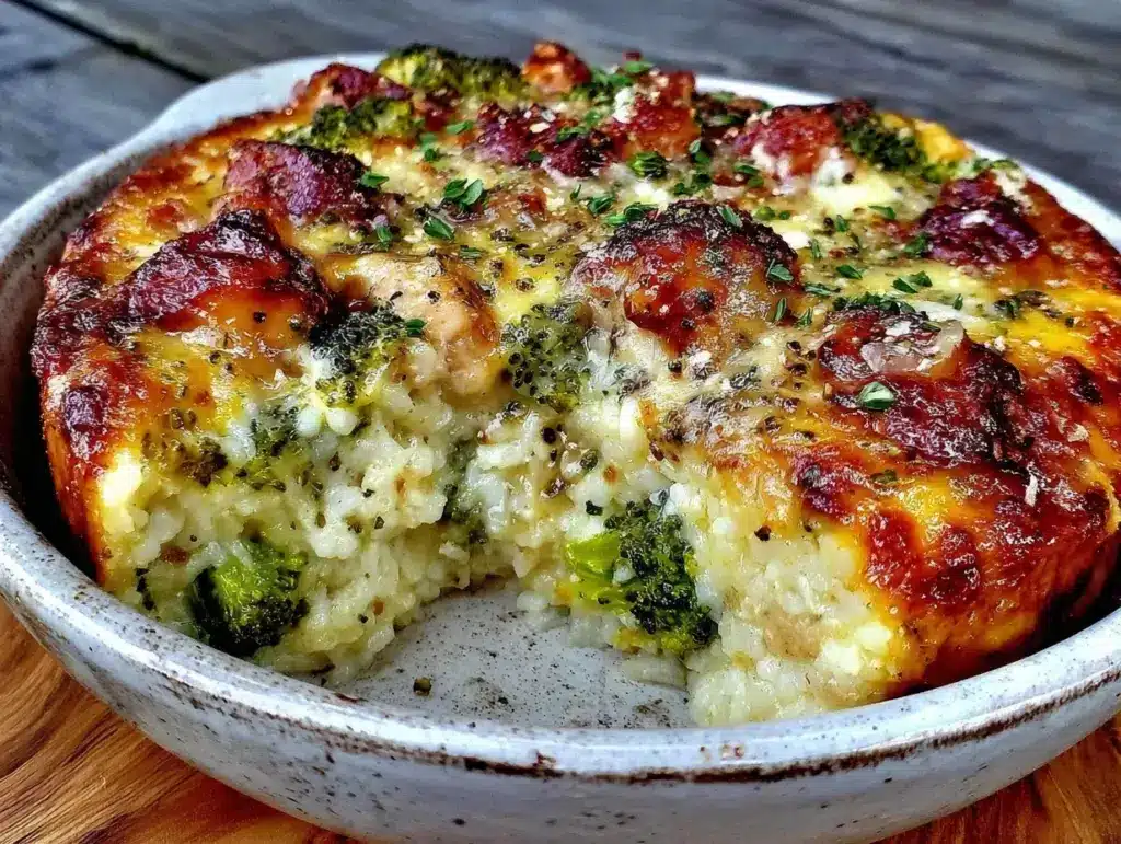 quick cheesy broccoli chicken rice casserole - featured image