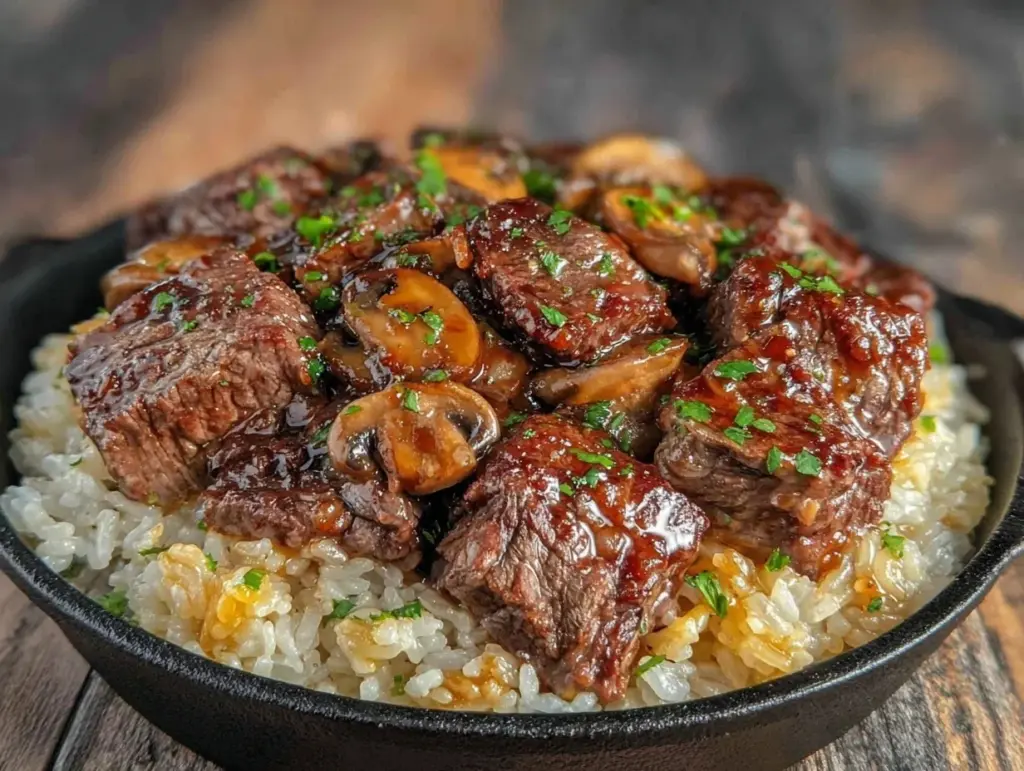 skillet beef and mushroom rice recipe - featured image