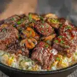 skillet beef and mushroom rice recipe - featured image