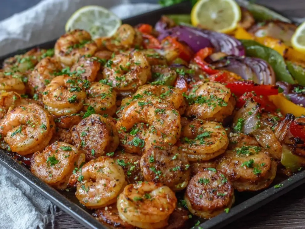 spicy sheet pan cajun shrimp and sausage - featured image