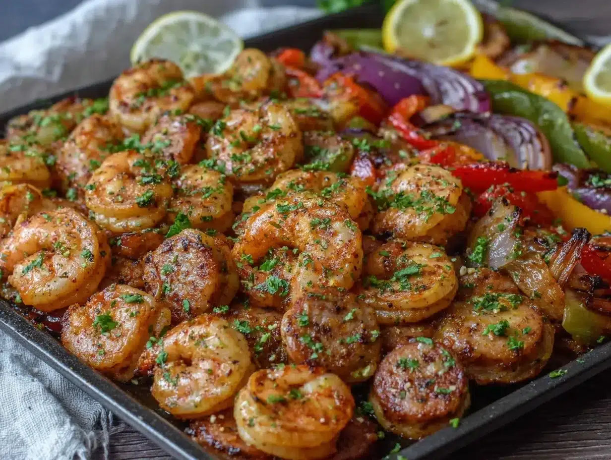 spicy sheet pan cajun shrimp and sausage preparation steps