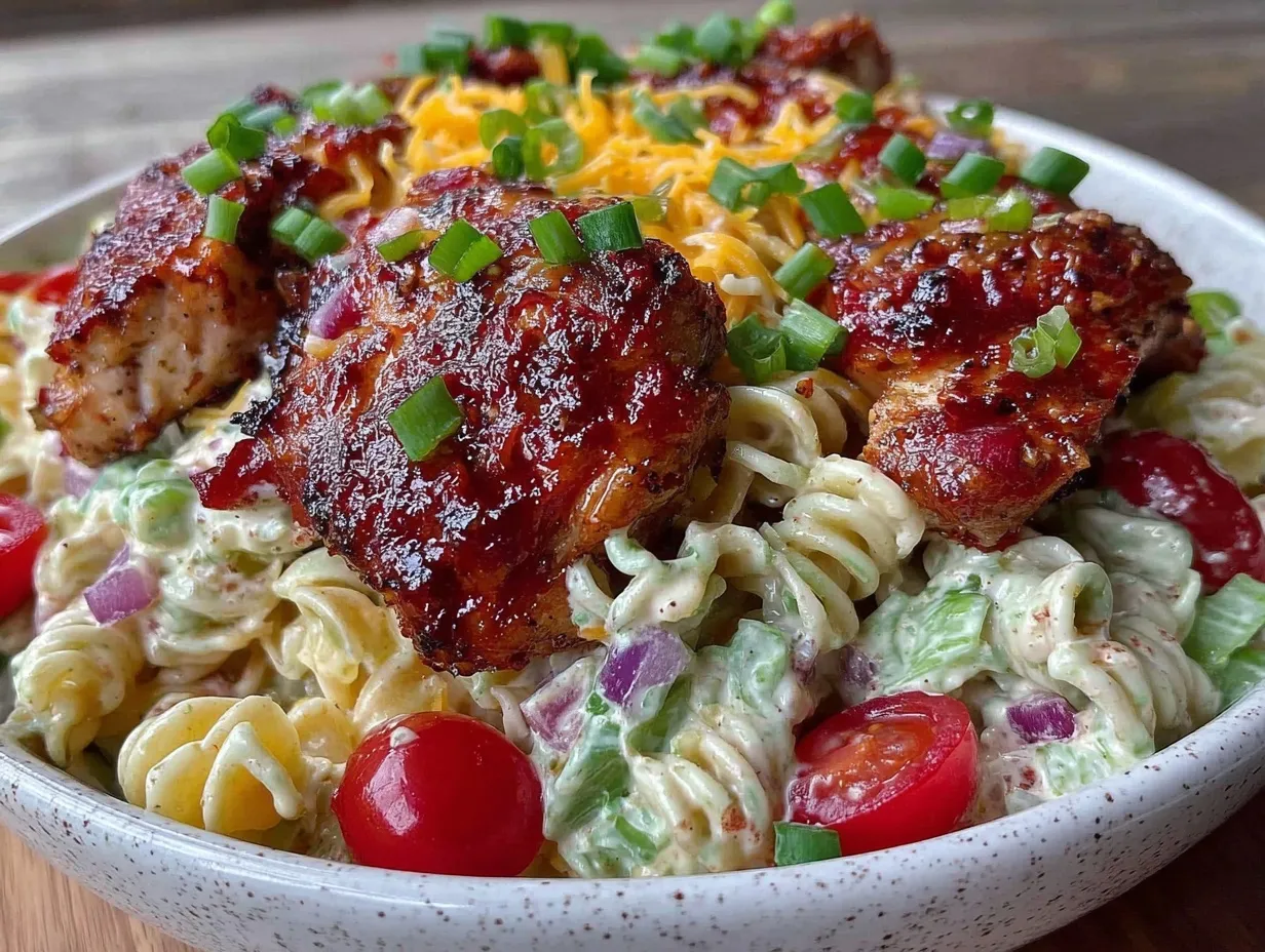 BBQ ranch chicken pasta salad preparation steps