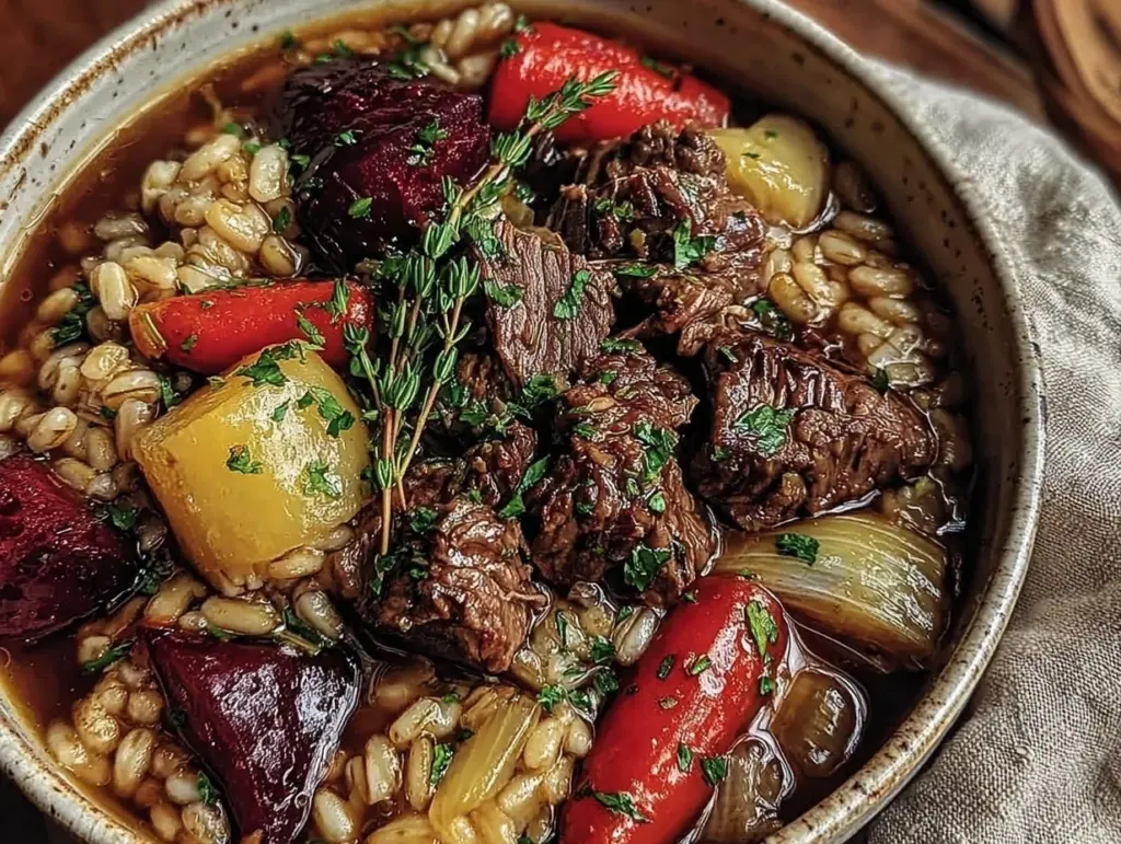 cozy crockpot beef and barley soup - featured image