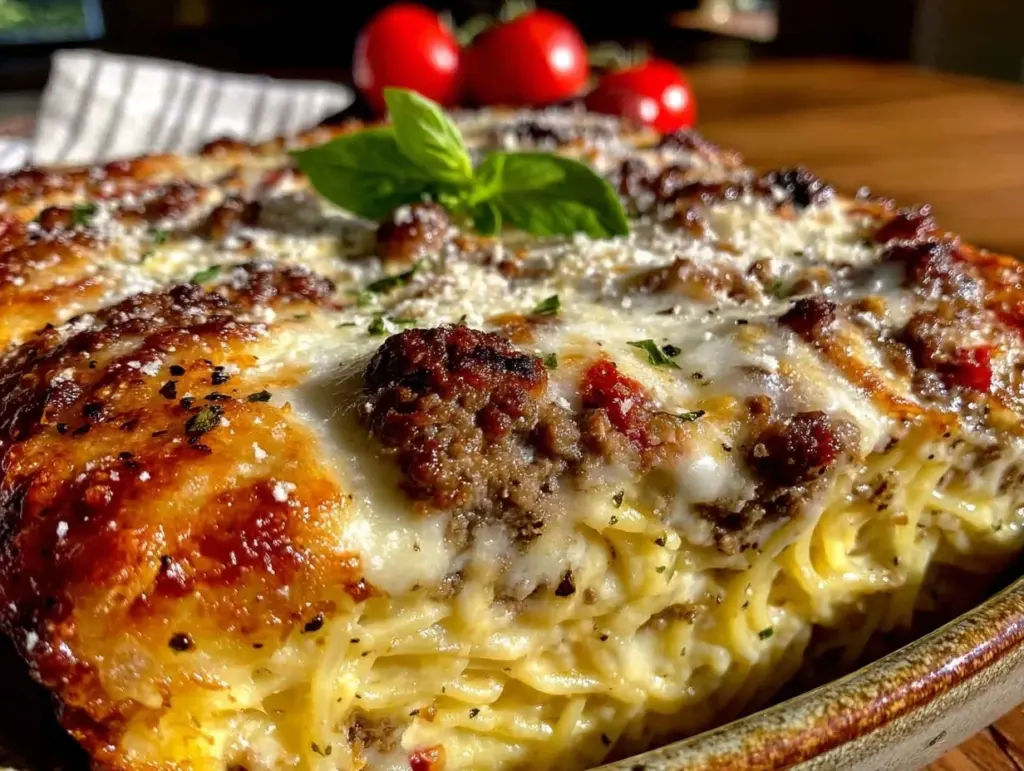 creamy baked million dollar spaghetti casserole - featured image