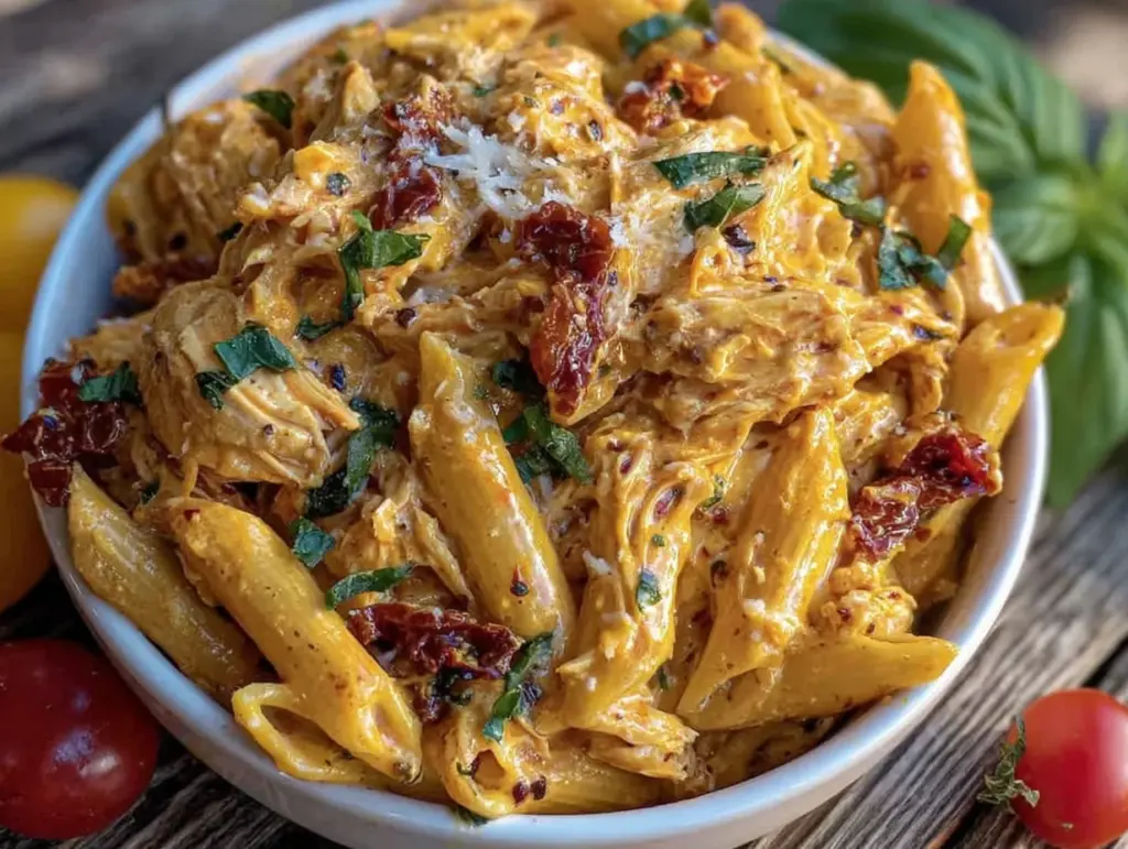 creamy crockpot tuscan chicken pasta - featured image