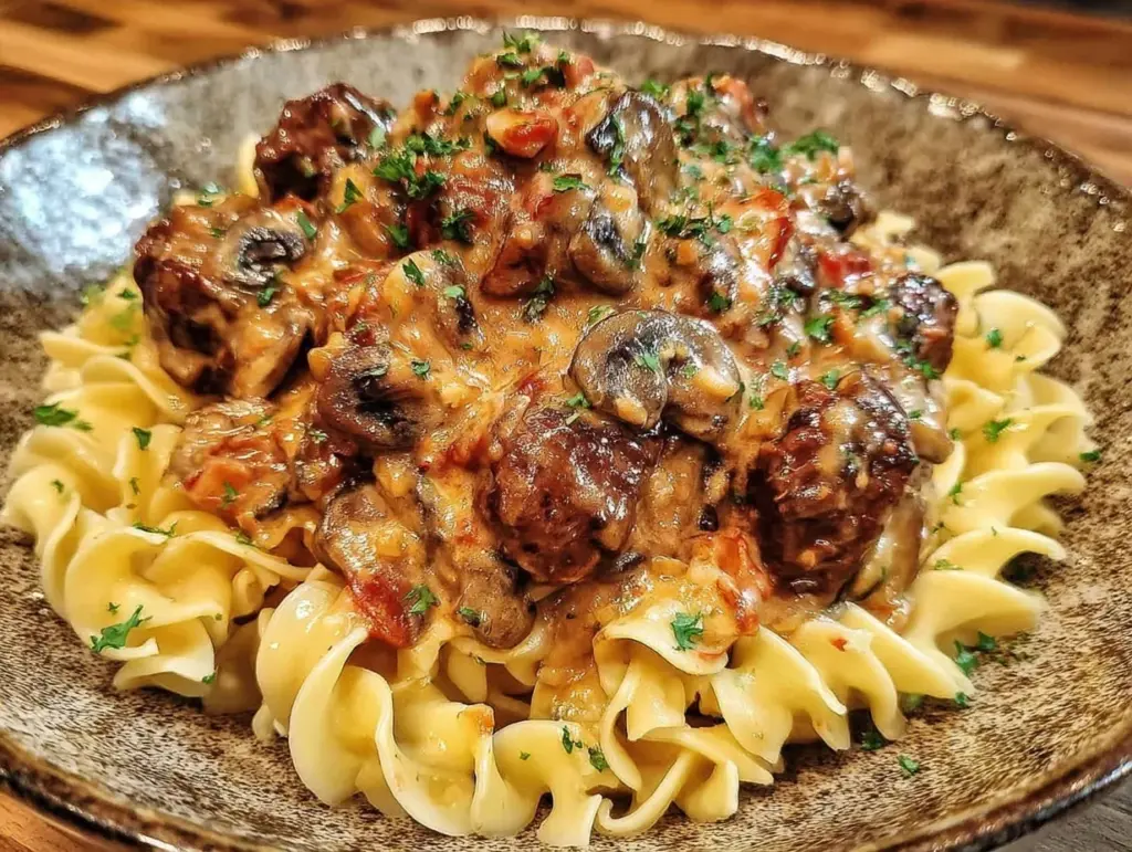 creamy slow cooker beef stroganoff - featured image