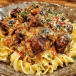 creamy slow cooker beef stroganoff - featured image