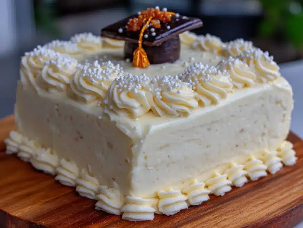 easy creamy buttercream graduation cap sheet cake - featured image