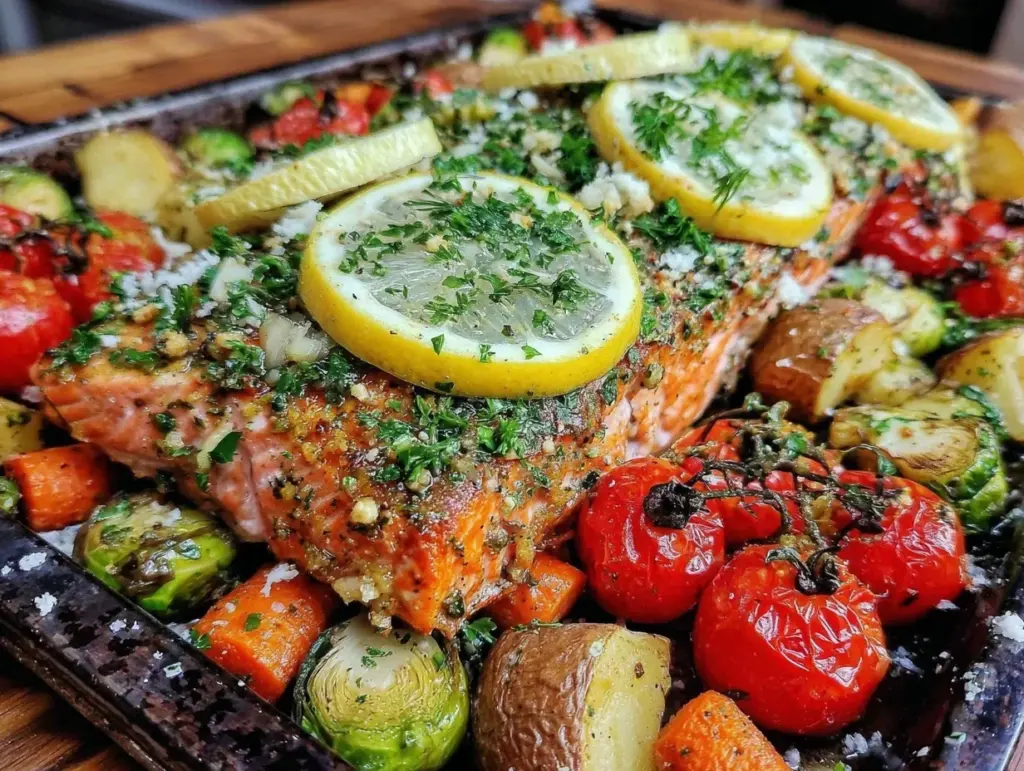 easy crispy lemon herb salmon sheet pan dinner - featured image