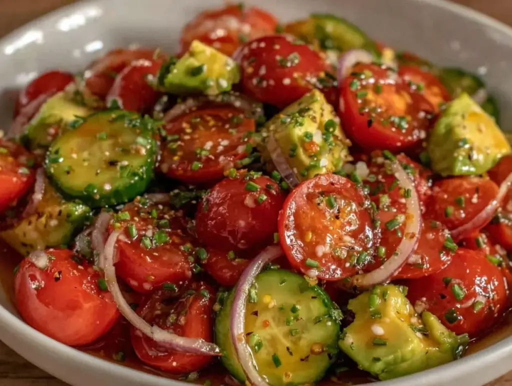 fresh cucumber tomato avocado salad - featured image