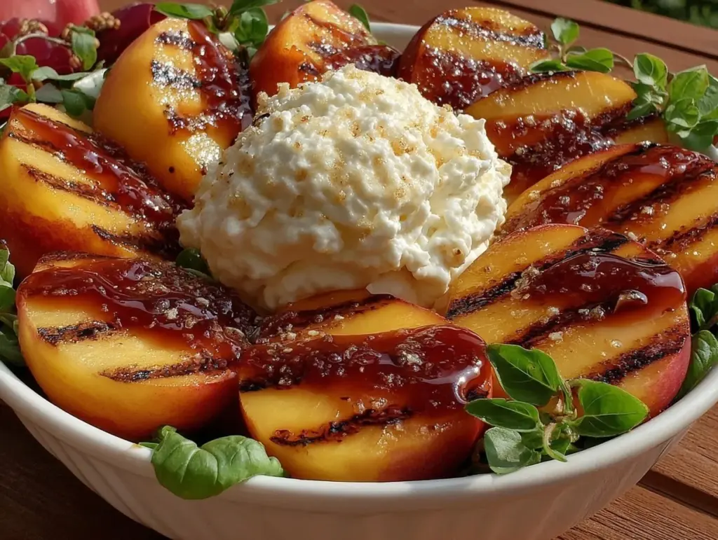 fresh grilled peach burrata salad - featured image