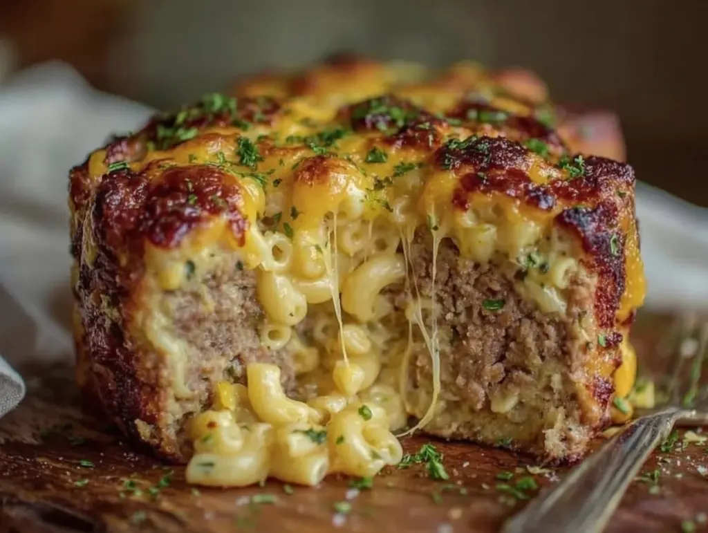 mac and cheese stuffed meatloaf - featured image