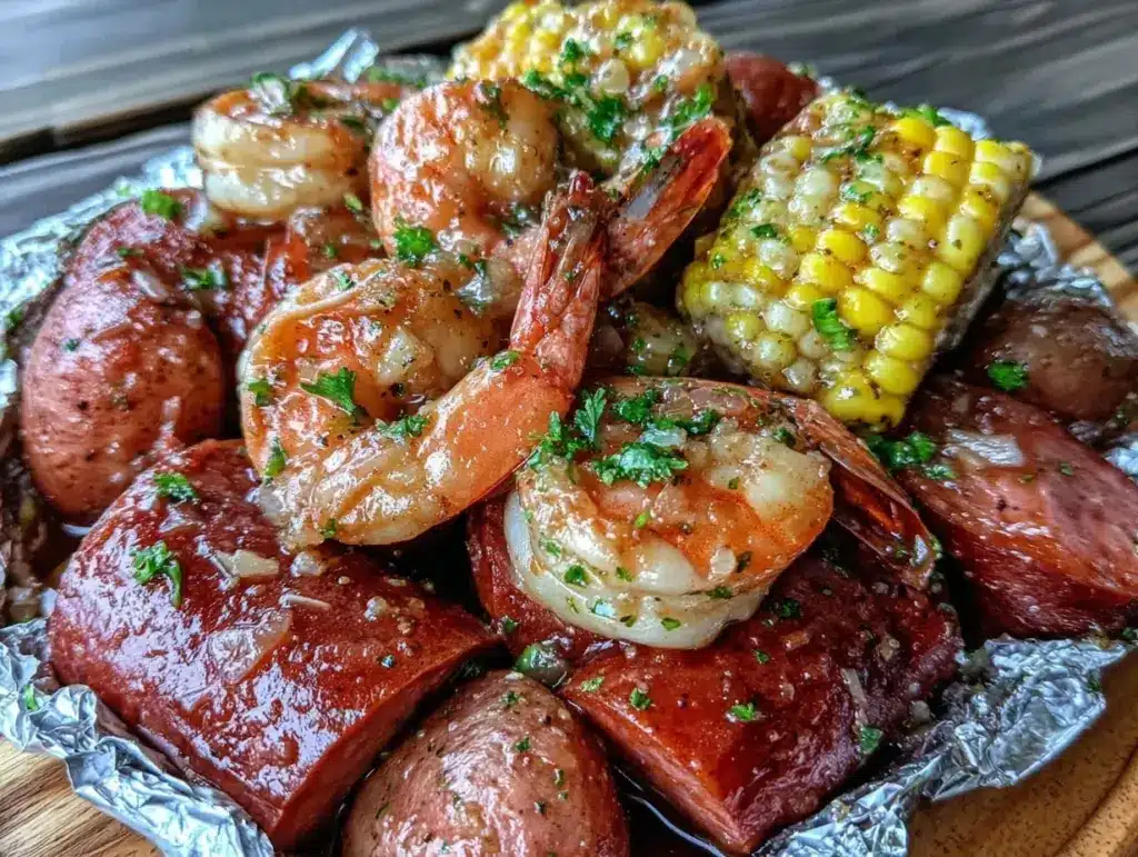 smoked sausage and shrimp boil foil packets - featured image