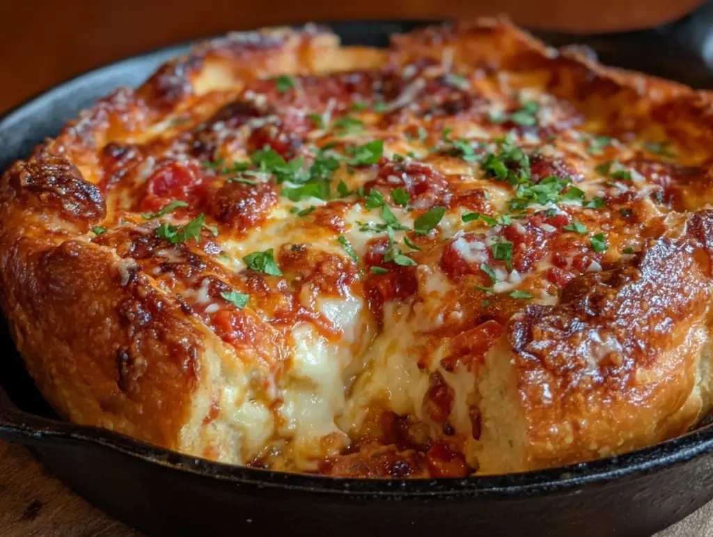 cheesy cast iron deep dish pizza - featured image