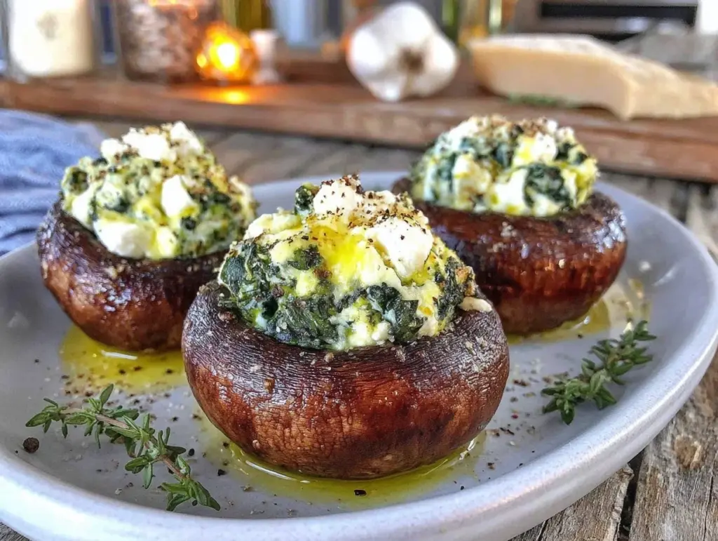 creamy spinach and feta stuffed portobello mushrooms - featured image