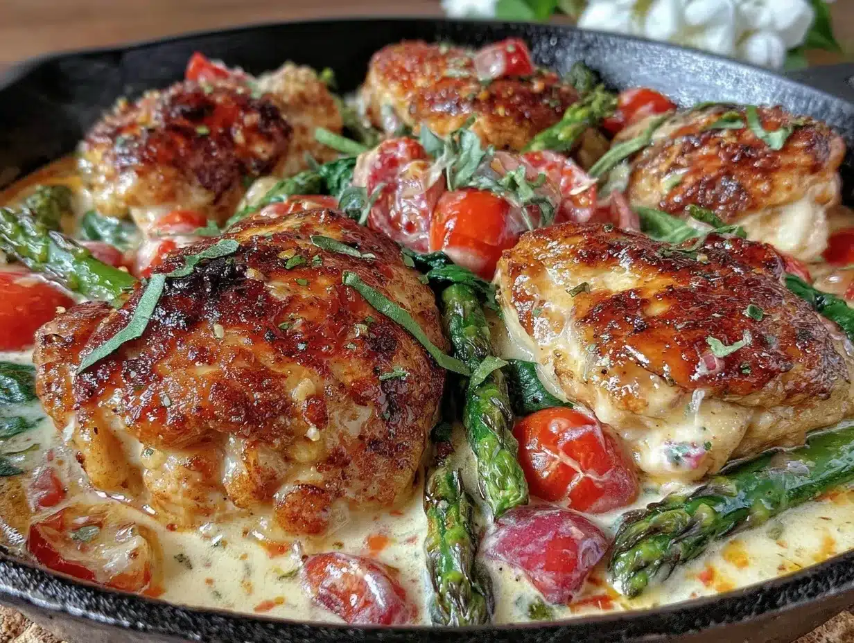 creamy tuscan spring vegetable chicken skillet preparation steps