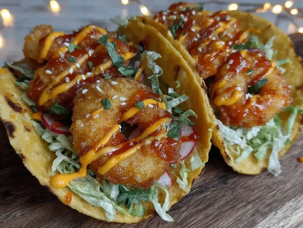 crispy bang bang shrimp tacos - featured image