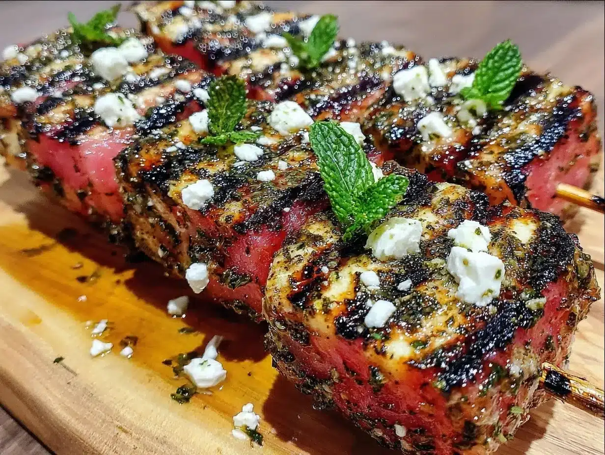 fresh grilled watermelon and feta skewers preparation steps